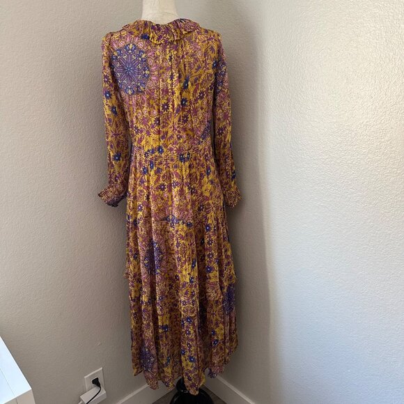 Anthropologie Slip Chiffon Maxi Dress Dorset Button Ruffle Tassel Smocked Gold S - Picture 3 of 15